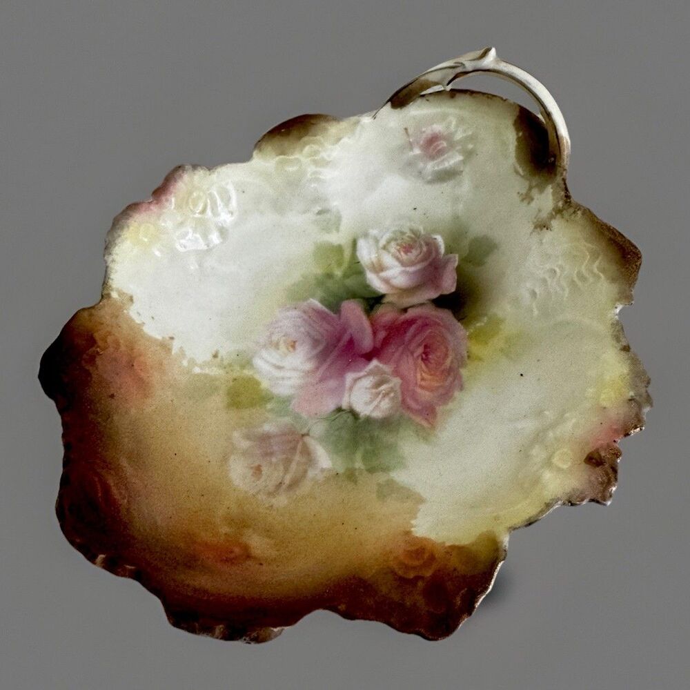 RS Prussia Porcelain Handled Nappy Bowl Dish Pink Roses Relieff Molded Antique